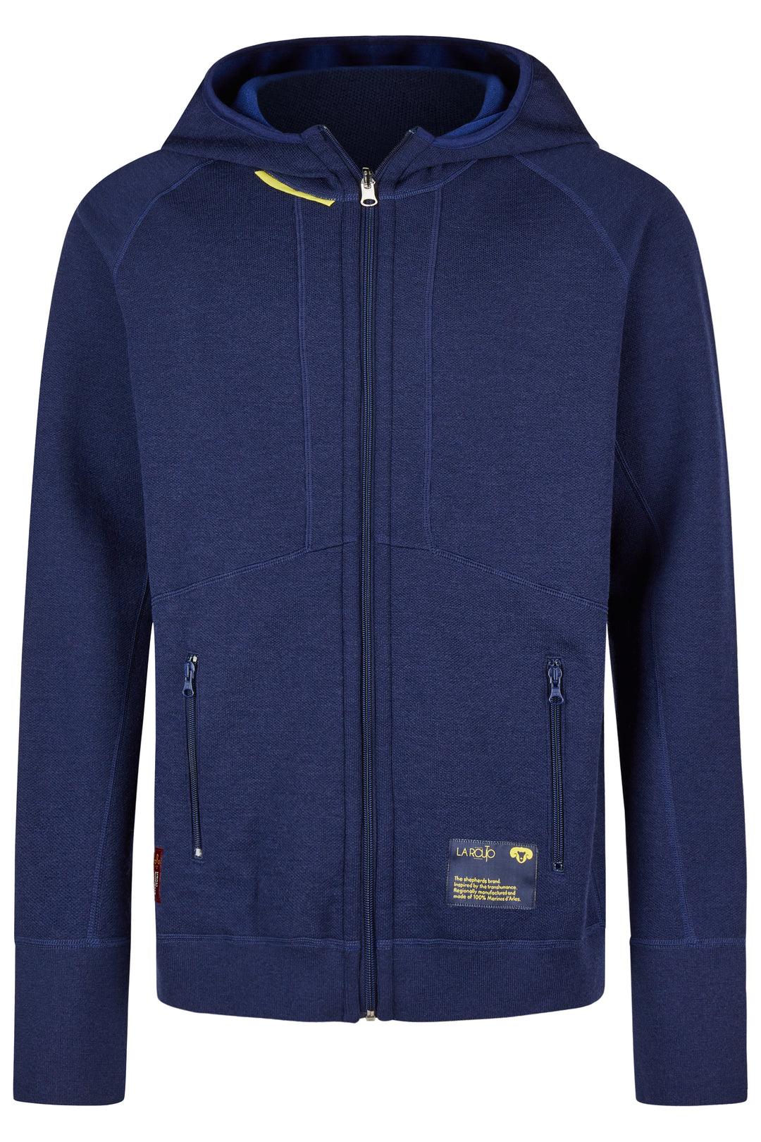 Biologischer und fairer blaue Sweater mit Kapuze, Merino-Hoodie aus biologischer Merinowolle