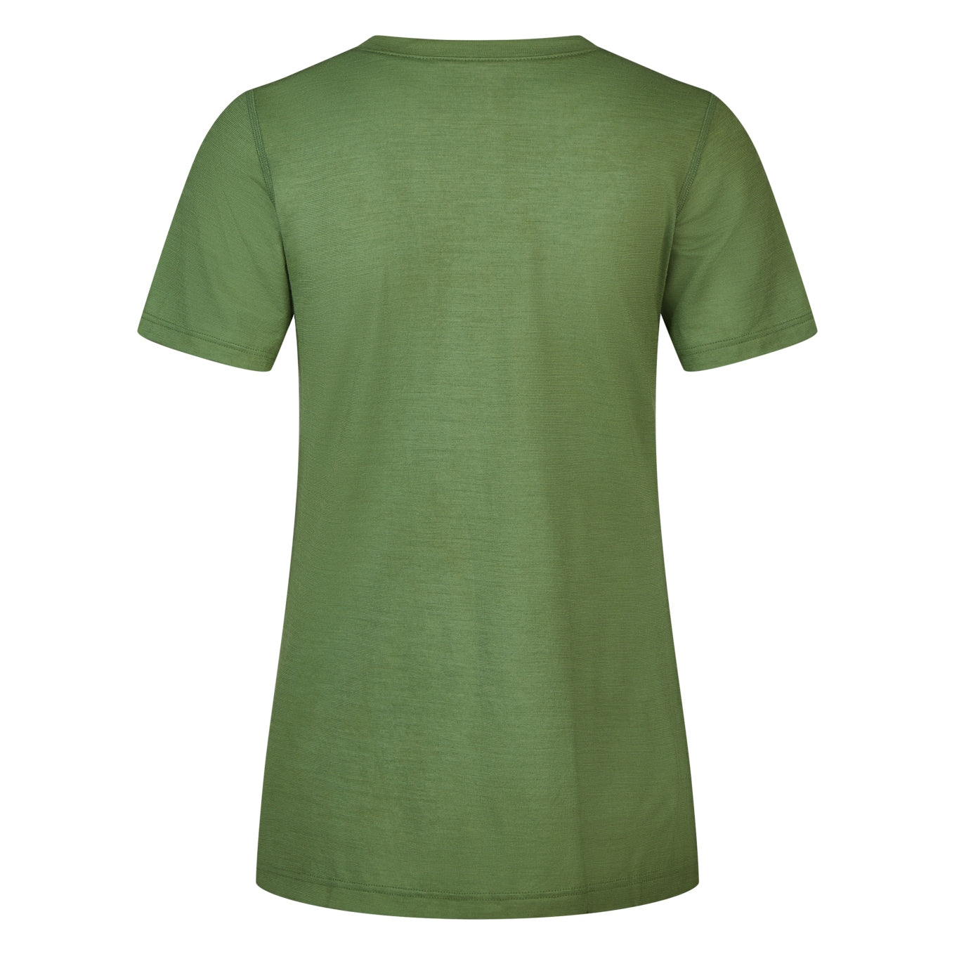 Gruenes T-Shirt aus 100 Prozent biologischer Merinowolle, reine Schurwolle, ökologisch, nachhaltig, fair und von Transhumance in Deutschland hergestellt. Rueckenansicht.